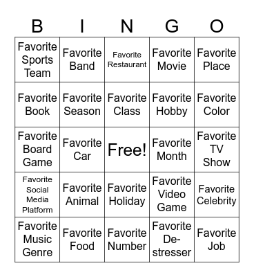 Find Your Favorite- Bingo With Friends Bingo Card