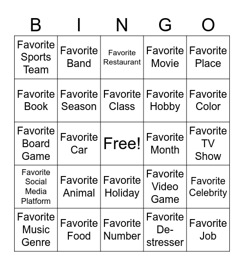 Find Your Favorite- Bingo With Friends Bingo Card