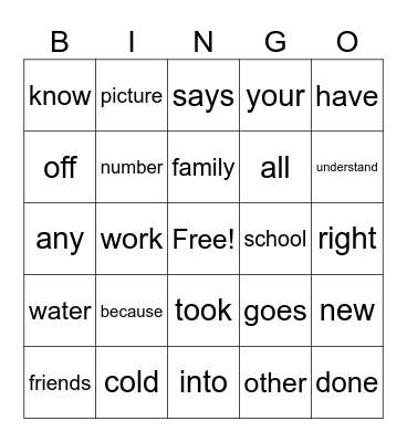 High Frequency Words Bingo Card