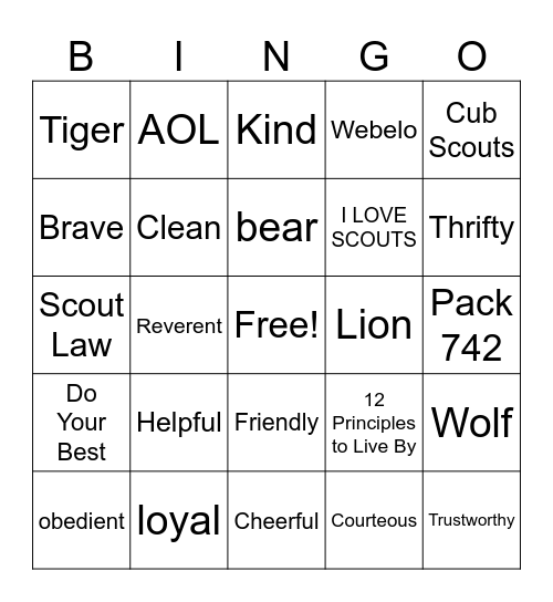 Scout Law Bingo Card