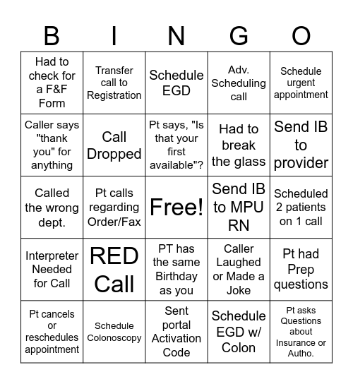 Call Center Bingo Card