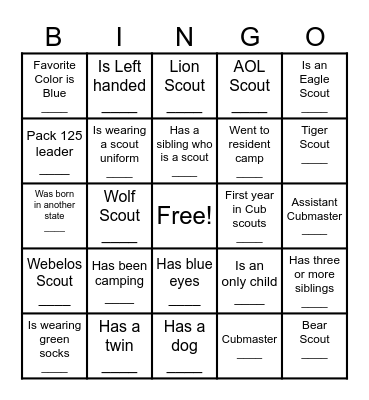 Pack 125 "Get to know you" Bingo Card