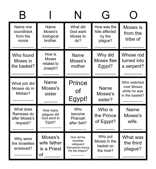 Prince of Egypt Bingo Card