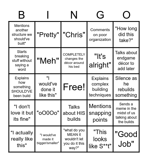 Austin's Build Reactions Bingo Card
