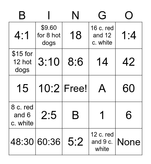 Unit 2 Ratios Bingo Card