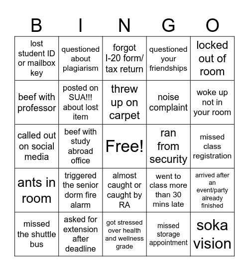 SUA fails Bingo Card