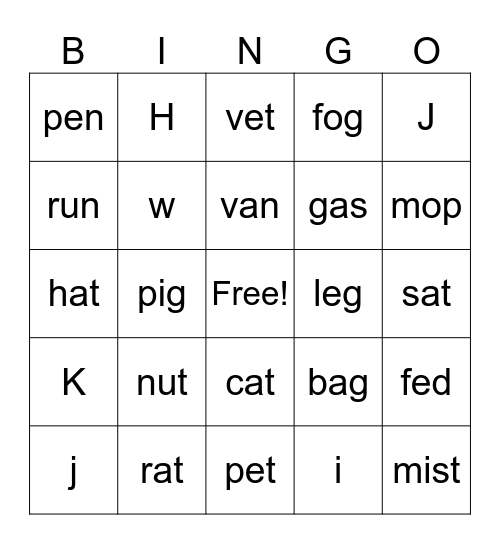 1st Grade Bingo Card
