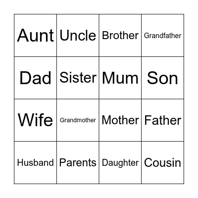 Family Members Bingo Card