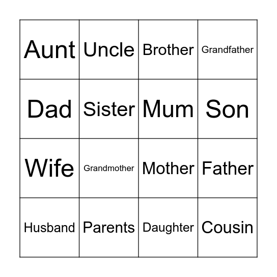 Family Members Bingo Card
