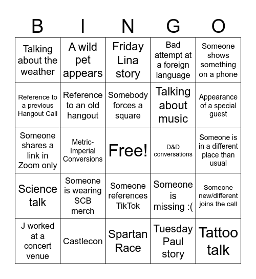 Super Carlin Brothers Hangout Bingo Card