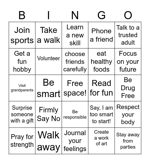 BE SMART!  NEVER START! Bingo Card