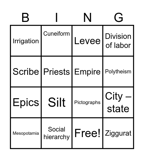 Mesopotamia Vocabulary Unit 2 Bingo Card