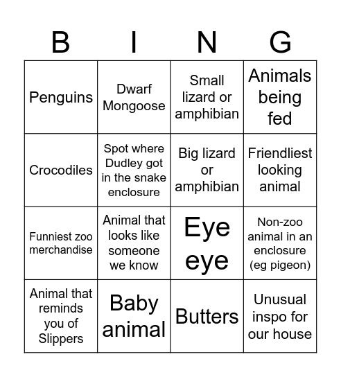 Sophie's Zoo Day Bingo Card