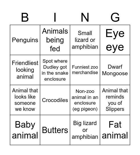 Sophie's Zoo Day Bingo Card