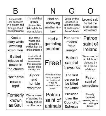 Saint Bingo Card