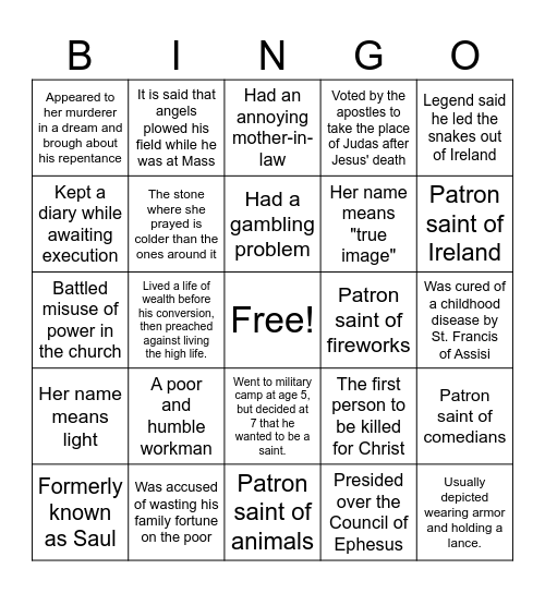 Saint Bingo Card