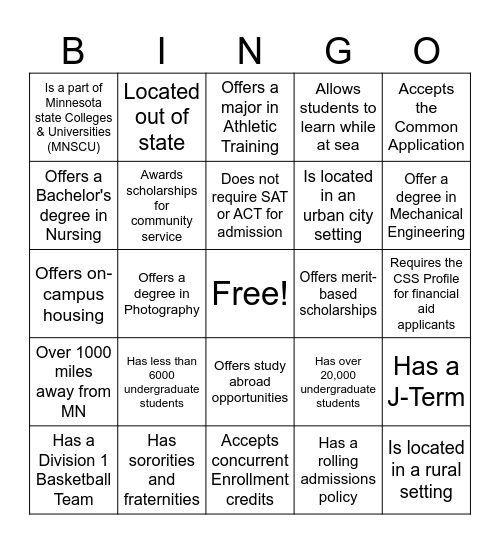 College Fair Bingo Card