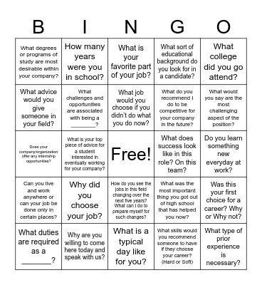 10th Grade Career Day Bingo Card