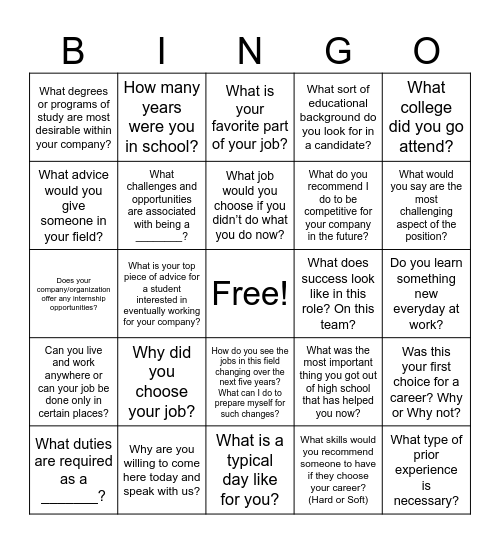 10th Grade Career Day Bingo Card