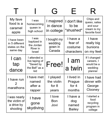 Tiger Team Bingo Card