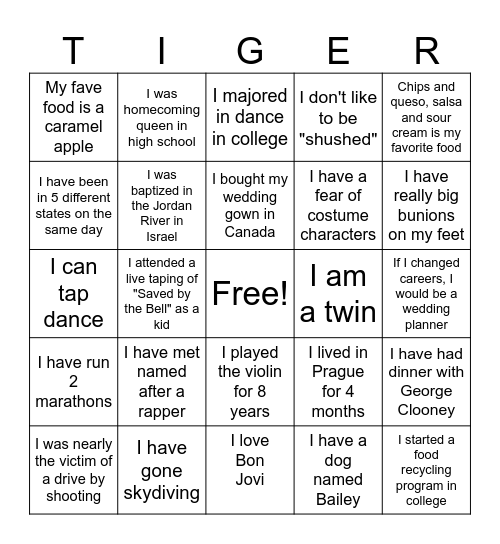 Tiger Team Bingo Card