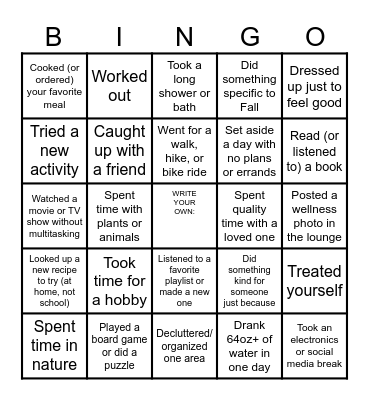 Fall Wellness BINGO Card