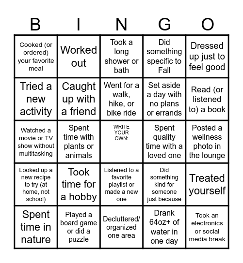 Fall Wellness BINGO Card