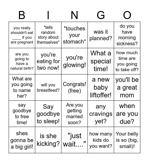 Pregnant Bingo Card