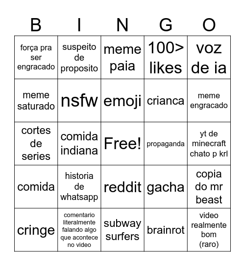 yt shorts Bingo Card