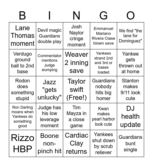 Yankees ALCS 2024 Bingo Card