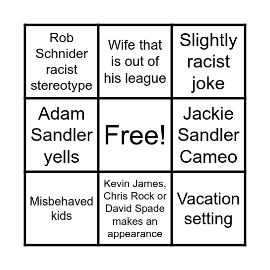 Adam Sandler Movie Bingo Card