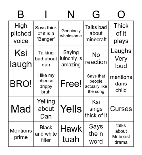 Ksi bingo Card