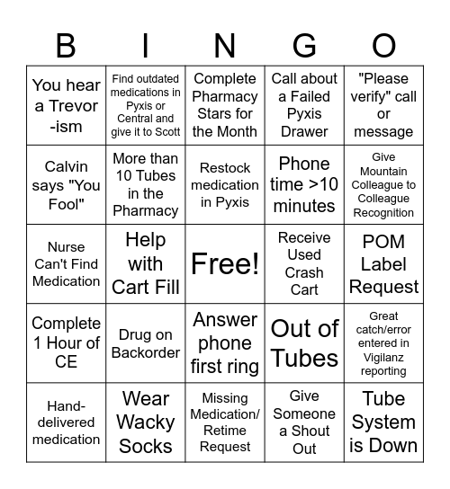 Pharmacy Bingo Card