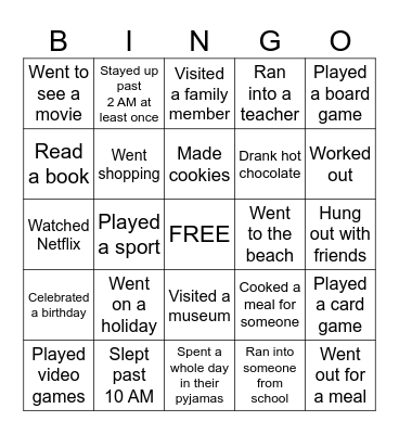 Back to School Bingo Card