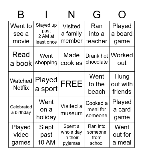 Back to School Bingo Card