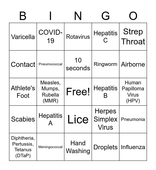 Infection Prevention Bingo Card