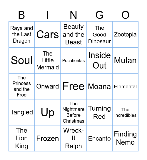 Disney Music Bingo Card