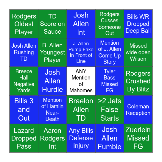 Bills v. Jets Bingo Card