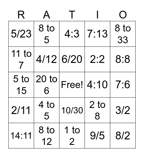 Ratio Bingo! Bingo Card