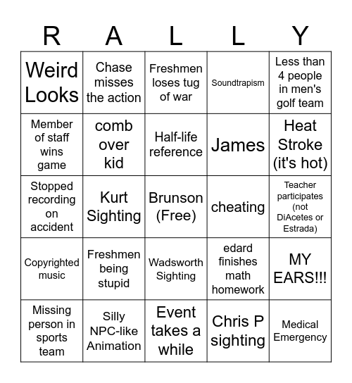 Pep Rally 2025 bingo Card