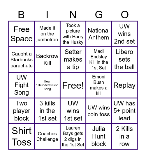 UW Volleyball Dawg Pack BINGO Card