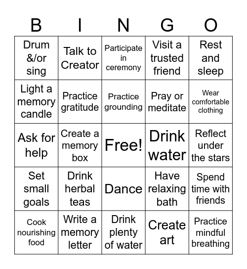 Self-Care Ideas Bingo Card