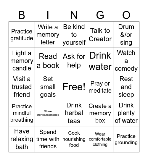 Self-Care Ideas Bingo Card