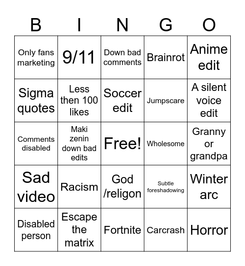 Insta reels Bingo Card