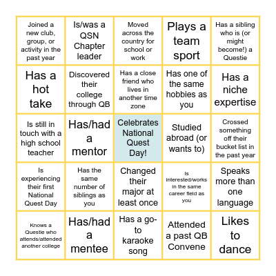 Find a QuestBridge Scholar or Alum who... Bingo Card