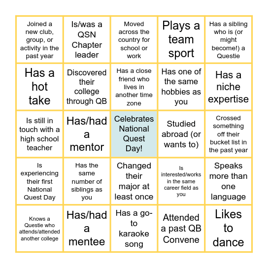 Find a QuestBridge Scholar or Alum who... Bingo Card