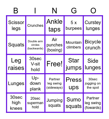 Fitness Bingo Card
