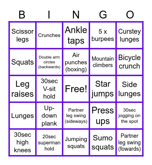 Fitness Bingo Card