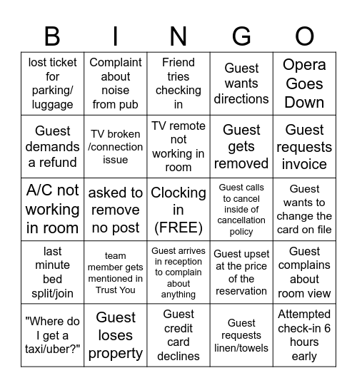 Front Desk Bingo Card