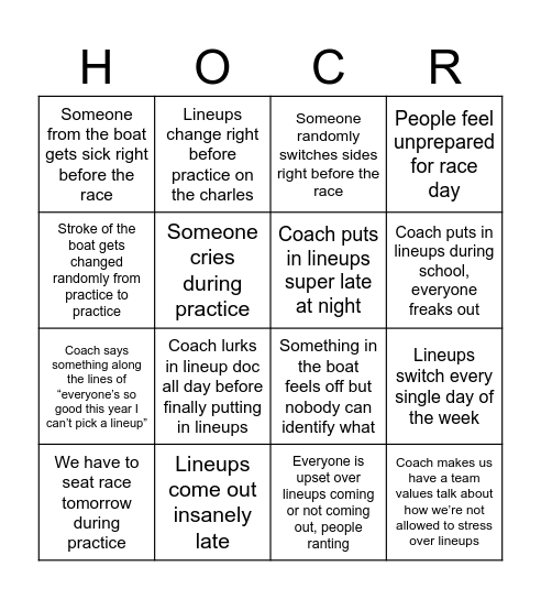 Varsity girls hocr week bingo Card